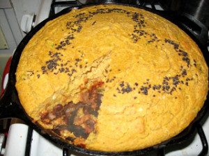 Mexican Pot Pie with chili beans and corn bread